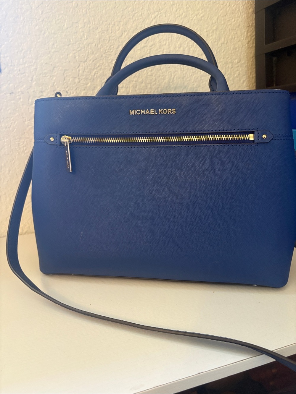 Michael Kors Blue Saffiano Top-Handle Satchel with Gold Hardware